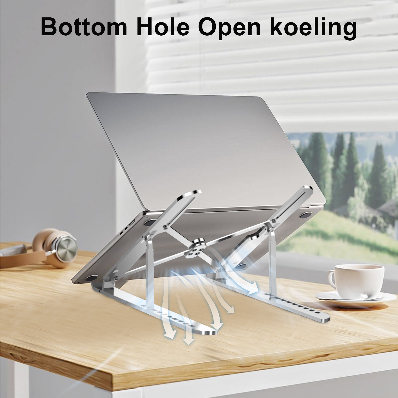 Laptop auf einem silbernen Ständer. Der Ständer ist erhöht, der Luftstrom wird durch weiße Pfeile angezeigt.