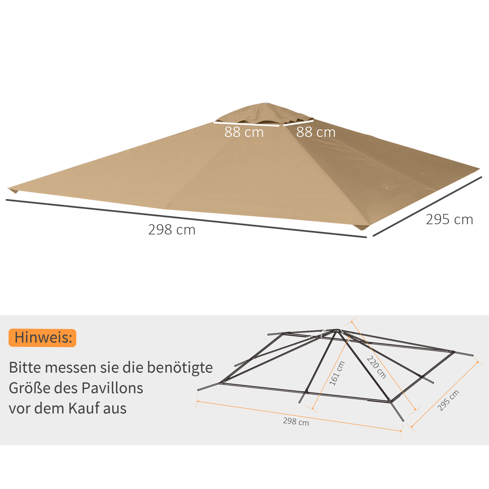 Diagramm eines Baldachins mit Abmessungen und Anweisungen.