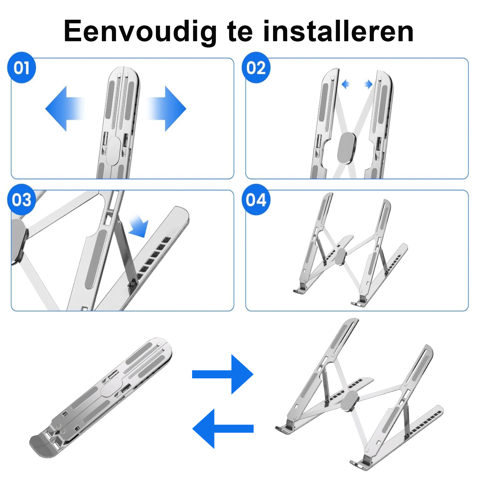 Vierstufiger Prozess zum Zusammenbau eines Laptop-Ständers. Pfeile zeigen, wie der Ständer montiert wird.