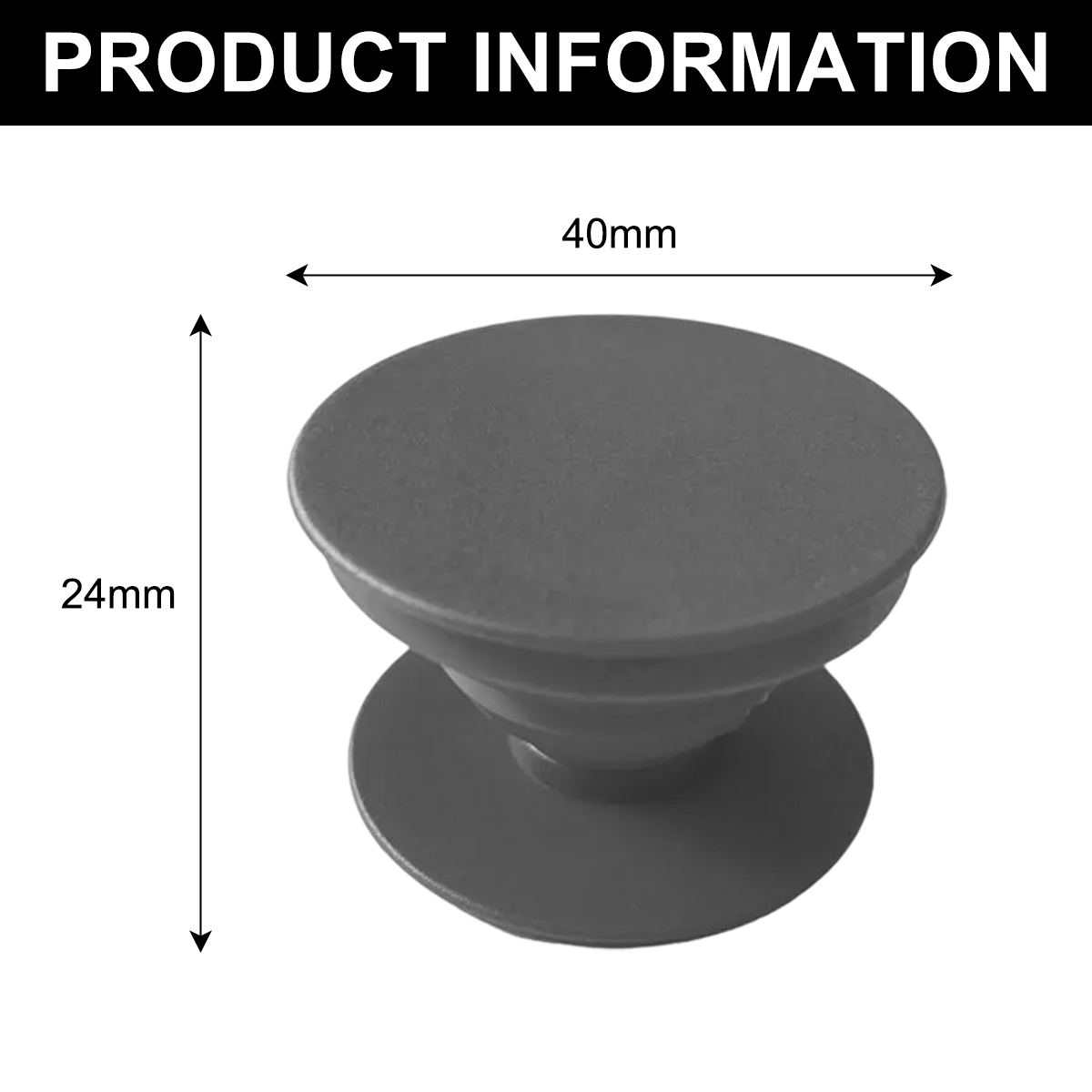 Bild eines grauen Pop-Sockets mit Produktinformationen, Abmessungen 40 mm x 24 mm.