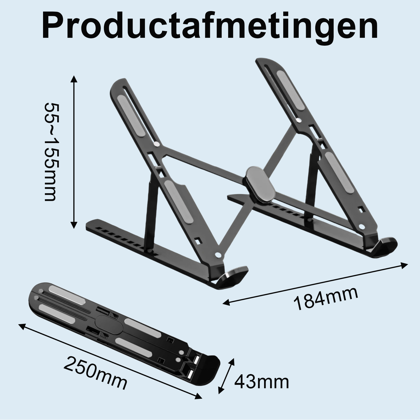 Laptopständer mit Abmessungen. Er hat einen Ständer und ein separates Teil.