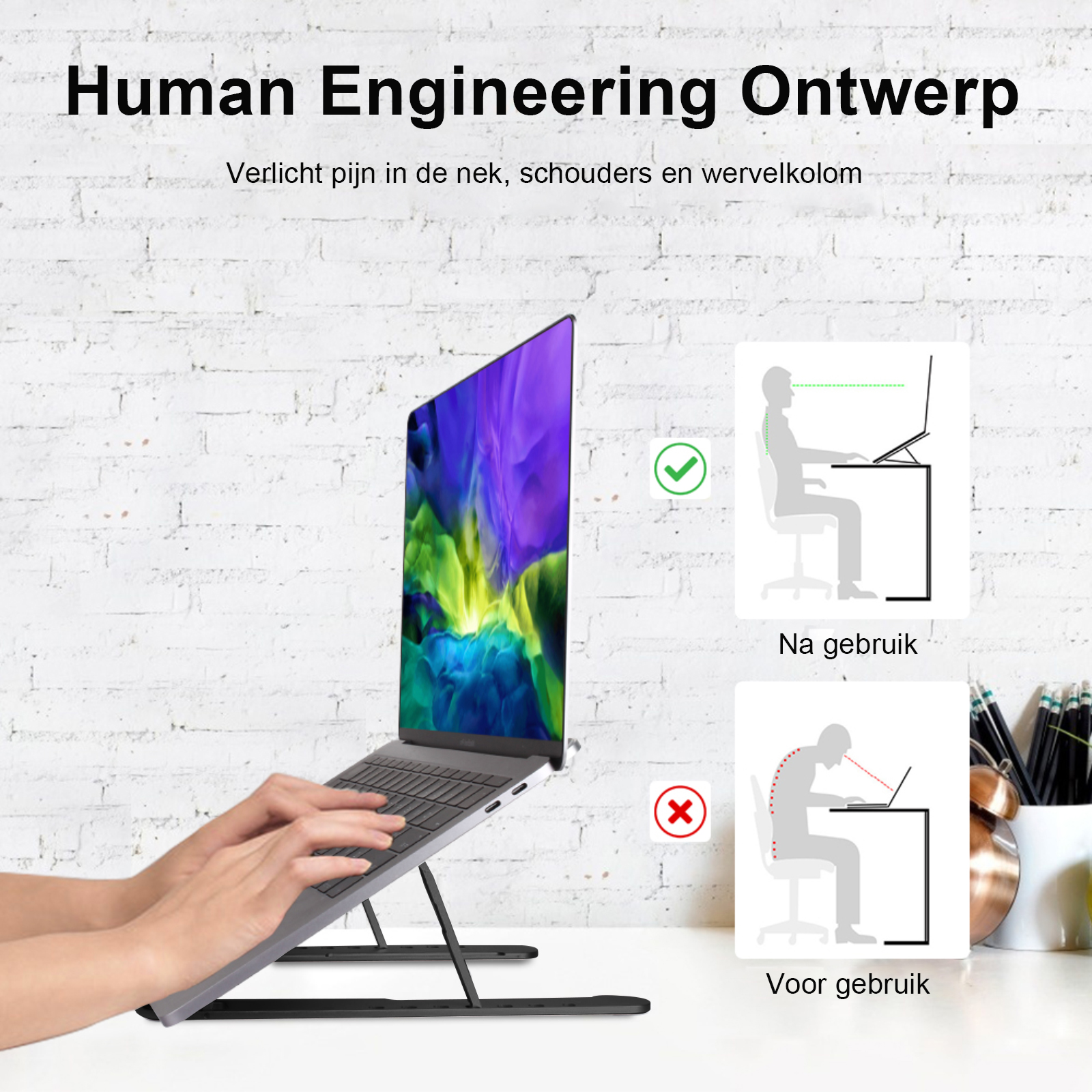 Ein Laptop-Ständer mit Laptop und Händen auf der Tastatur, Diagramme, die gute und schlechte Körperhaltung zeigen.