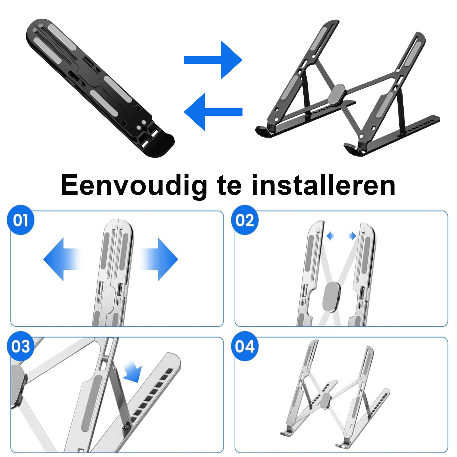 Diagramm zur Installation eines Laptopständers. Es hat 4 Schritte.