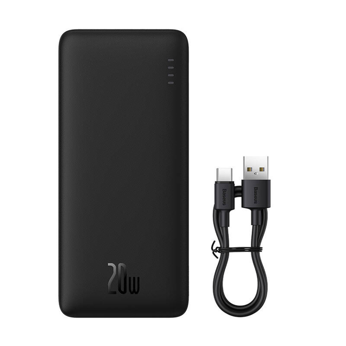 Czarny power bank z etykietą 20W i kablem USB-C. Kabel ma końcówkę USB-A i USB-C.