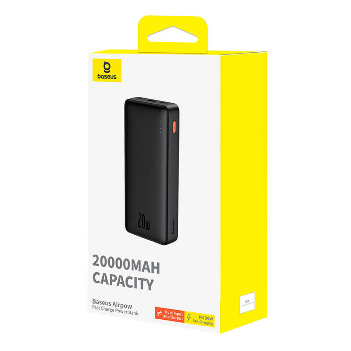 Czarny power bank w żółtym pudełku. Pudełko ma etykietę pojemności 20000mAh.