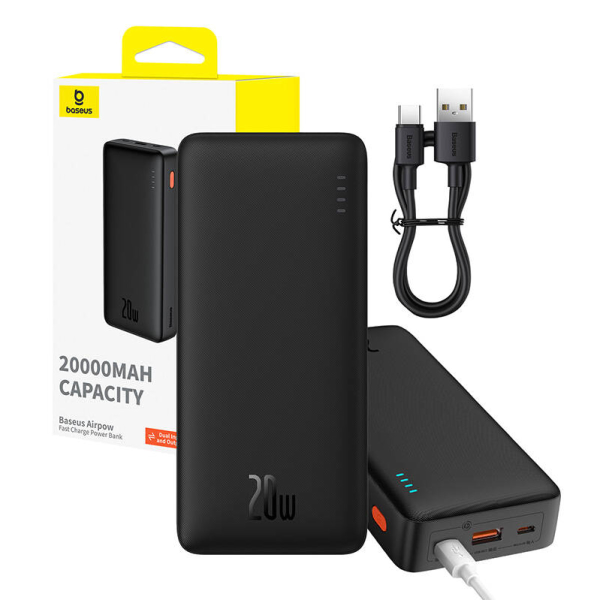 Czarny power bank z napisem 20W, kablem do ładowania i białym pudełkiem z nazwą produktu.