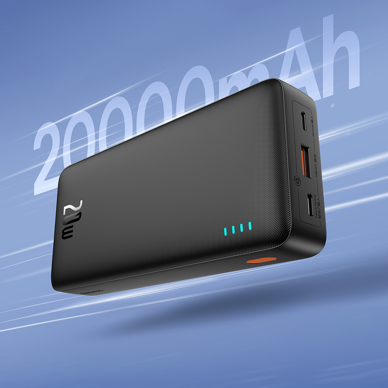 Czarny power bank z napisem 20000mAh. Posiada wskaźnik ładowania i porty z boku.