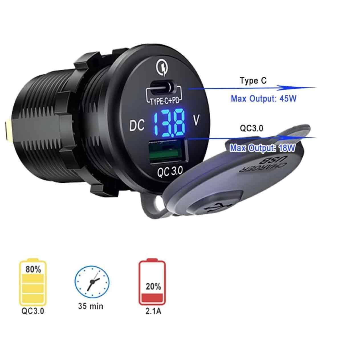 Ein schwarzes Autoladegerät mit Digitalanzeige (13,8 V). Mit Typ-C-Anschluss und QC3.0-Laden.