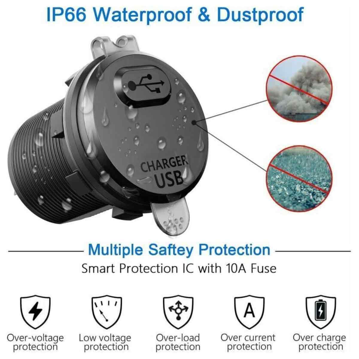 Ein schwarzes USB-Ladegerät mit Symbolen. Es ist IP66 wasser- und staubdicht mit mehreren Sicherheitsmerkmalen.