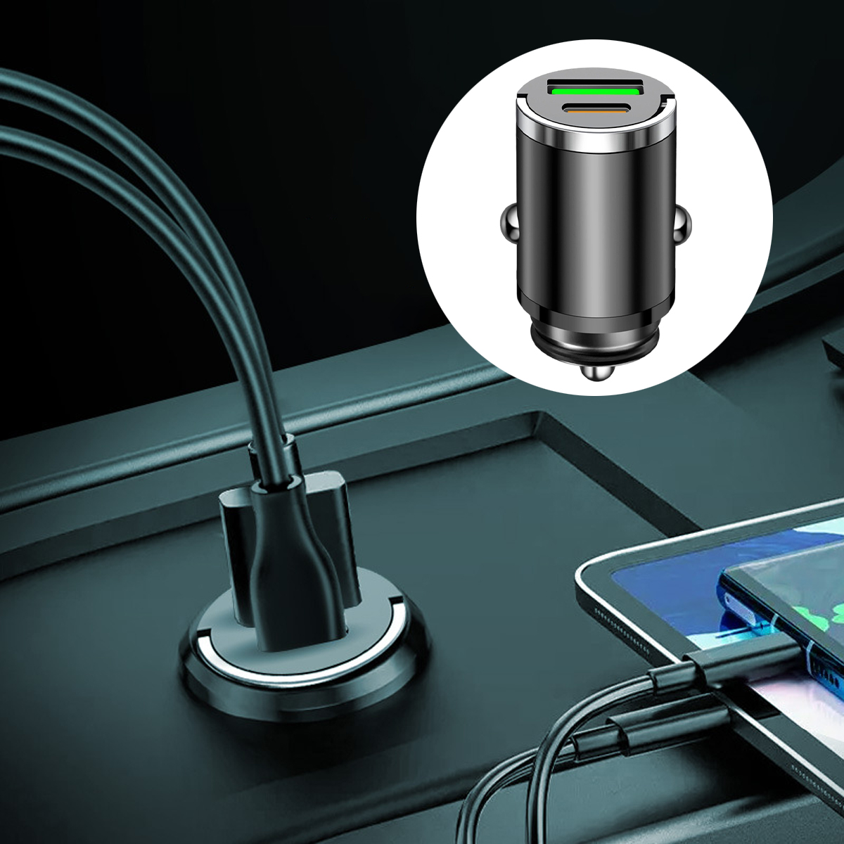 Kfz-Ladegerät mit zwei USB-Anschlüssen, lädt ein Tablet und ein Telefon. Das Bild enthält auch eine Nahaufnahme des Ladegeräts.