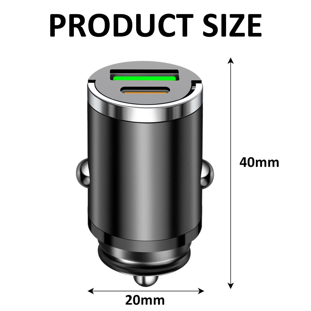 Schwarzes Autoladegerät mit zwei USB-Anschlüssen. Produktgröße ist 40 mm hoch und 20 mm breit. Abmessungen sind mit Pfeilen gekennzeichnet.