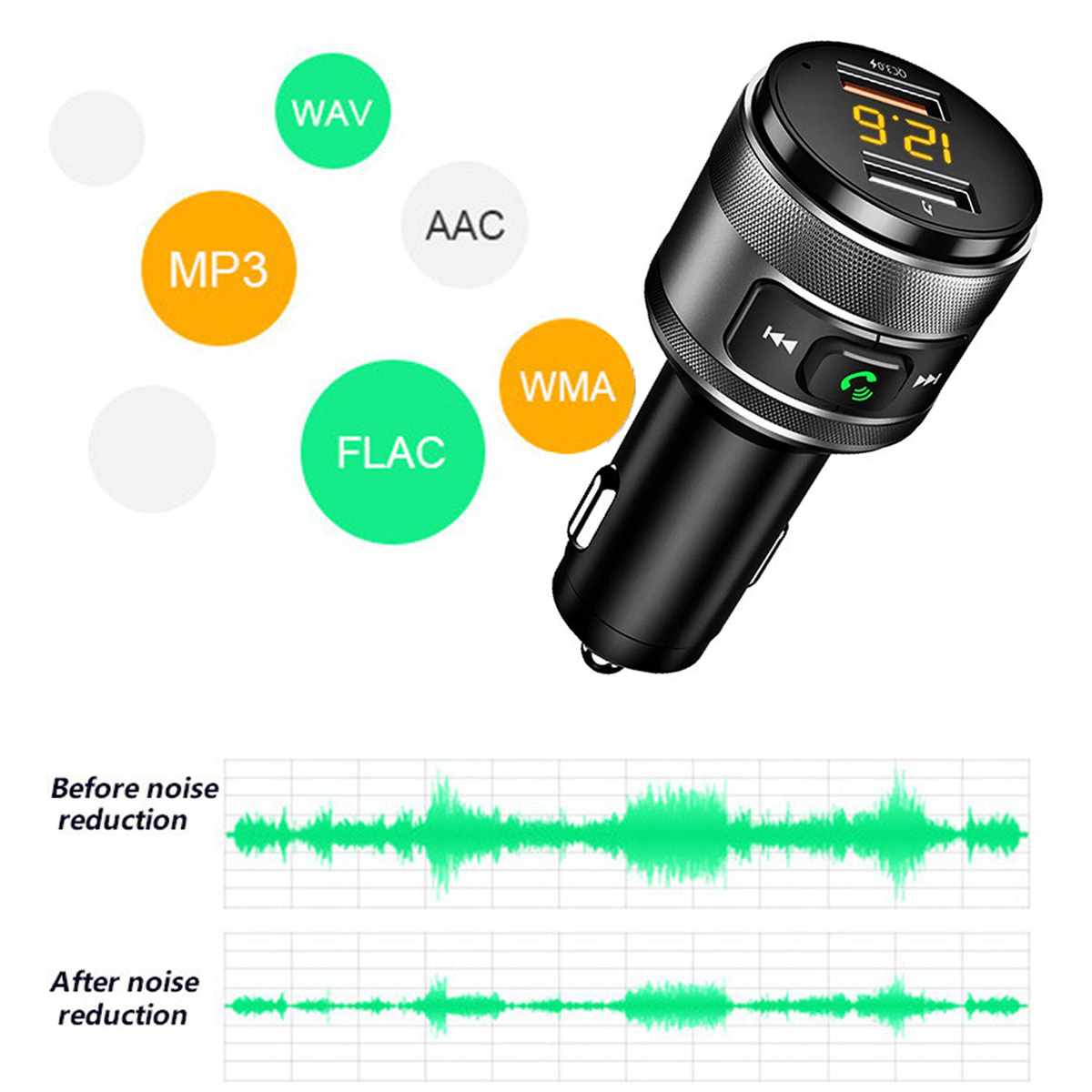 Schwarzer Auto-Audioadapter mit Display und Tasten. Wellenformen zeigen Rauschunterdrückung. WAV, MP3, AAC, WMA, FLAC sind beschriftet.