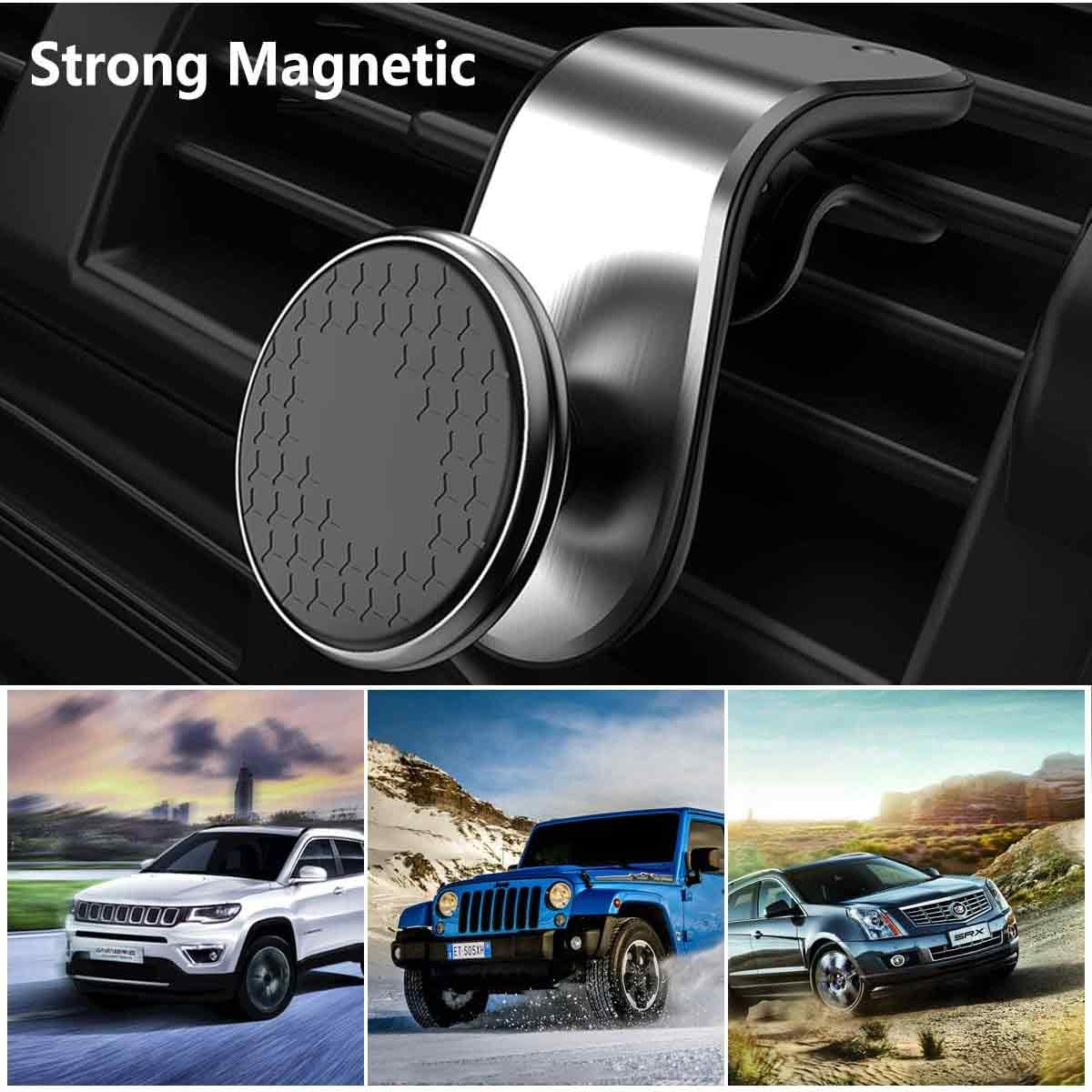 Auto-Lüftung mit magnetischer Telefonhalterung. Der Halter ist schwarz und silber.