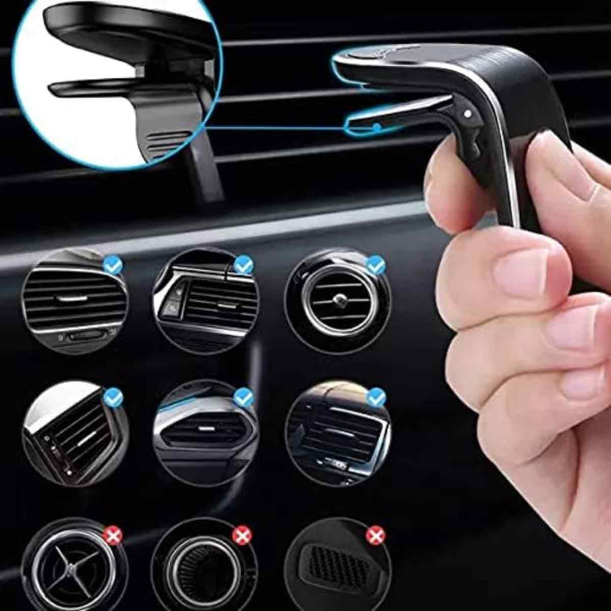 Auto-Lüftung mit Telefonhalter. Der Halter ist schwarz und silber. Verschiedene Lüftungsdesigns.