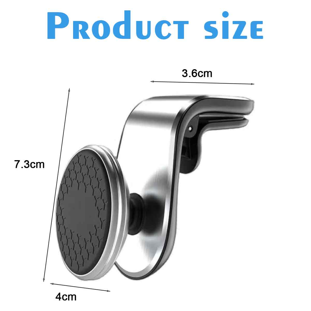 Telefonhalter für die Lüftung im Auto mit Abmessungen. 7,3 cm hoch, 4 cm breit und 3,6 cm tief.