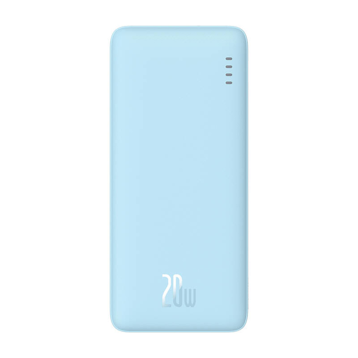 Jasnoniebieski power bank. Etykieta mówi 20W. Power bank jest prostokątny.