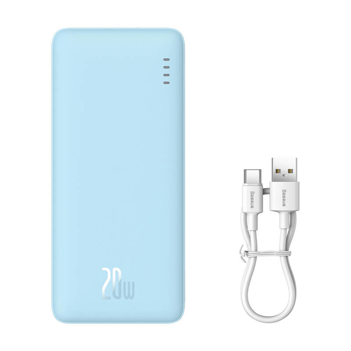 Jasnoniebieski power bank z białym kablem. Złącza USB i typu C.