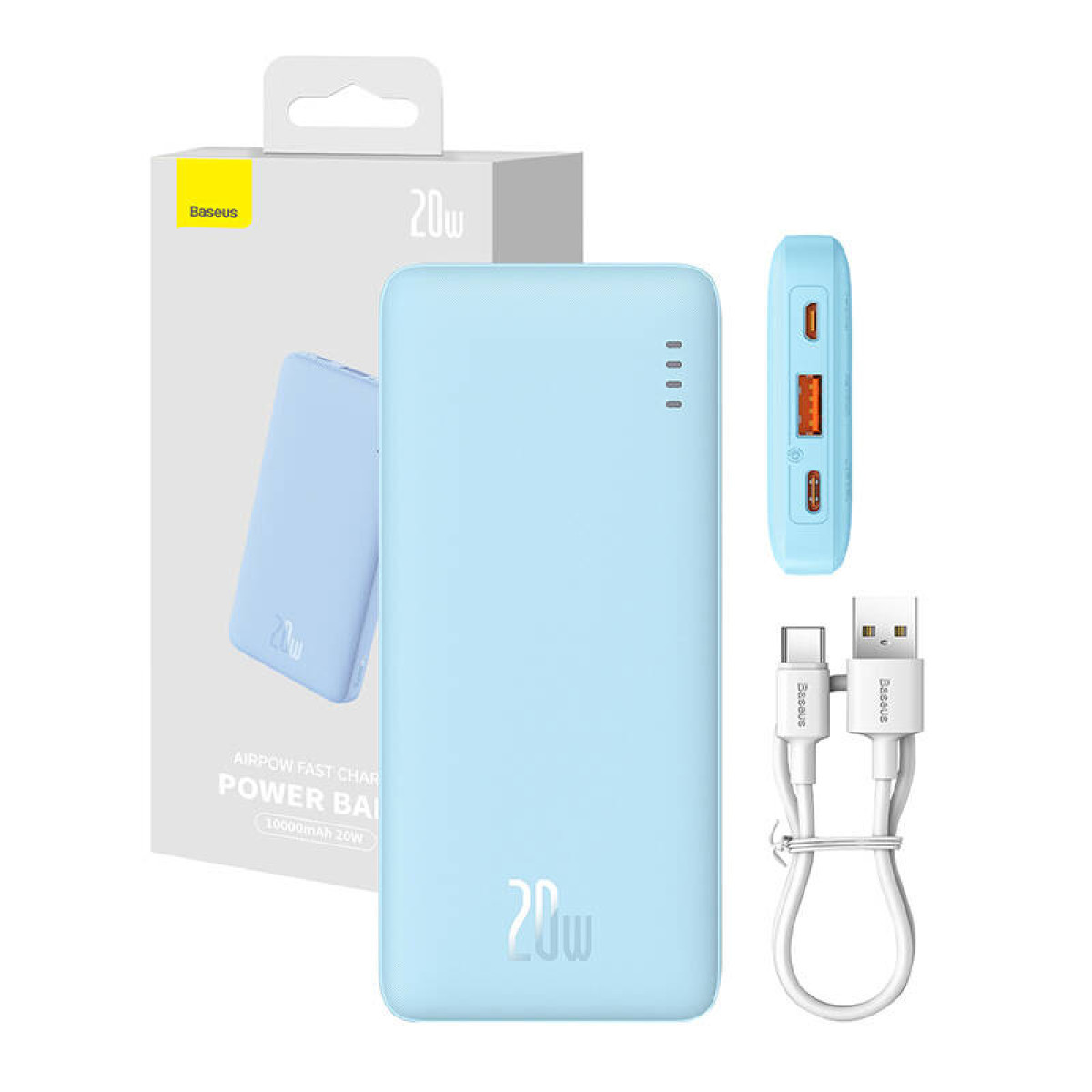 Eine hellblaue Powerbank mit weißer Box und Zubehör: USB-Kabel und ein Kabel mit Typ-C-Anschluss.