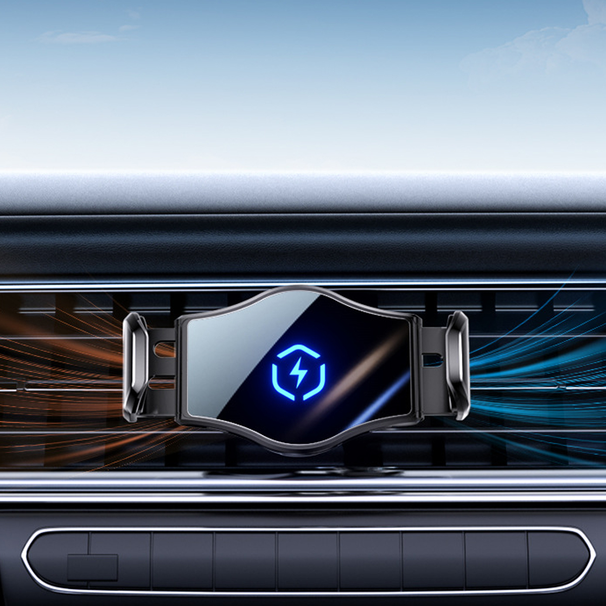 Ein schwarzer Telefonhalter mit blauem Blitzlogo ist an einer Lüftungsöffnung im Auto befestigt. Der Hintergrund ist ein Autoinnenraum.