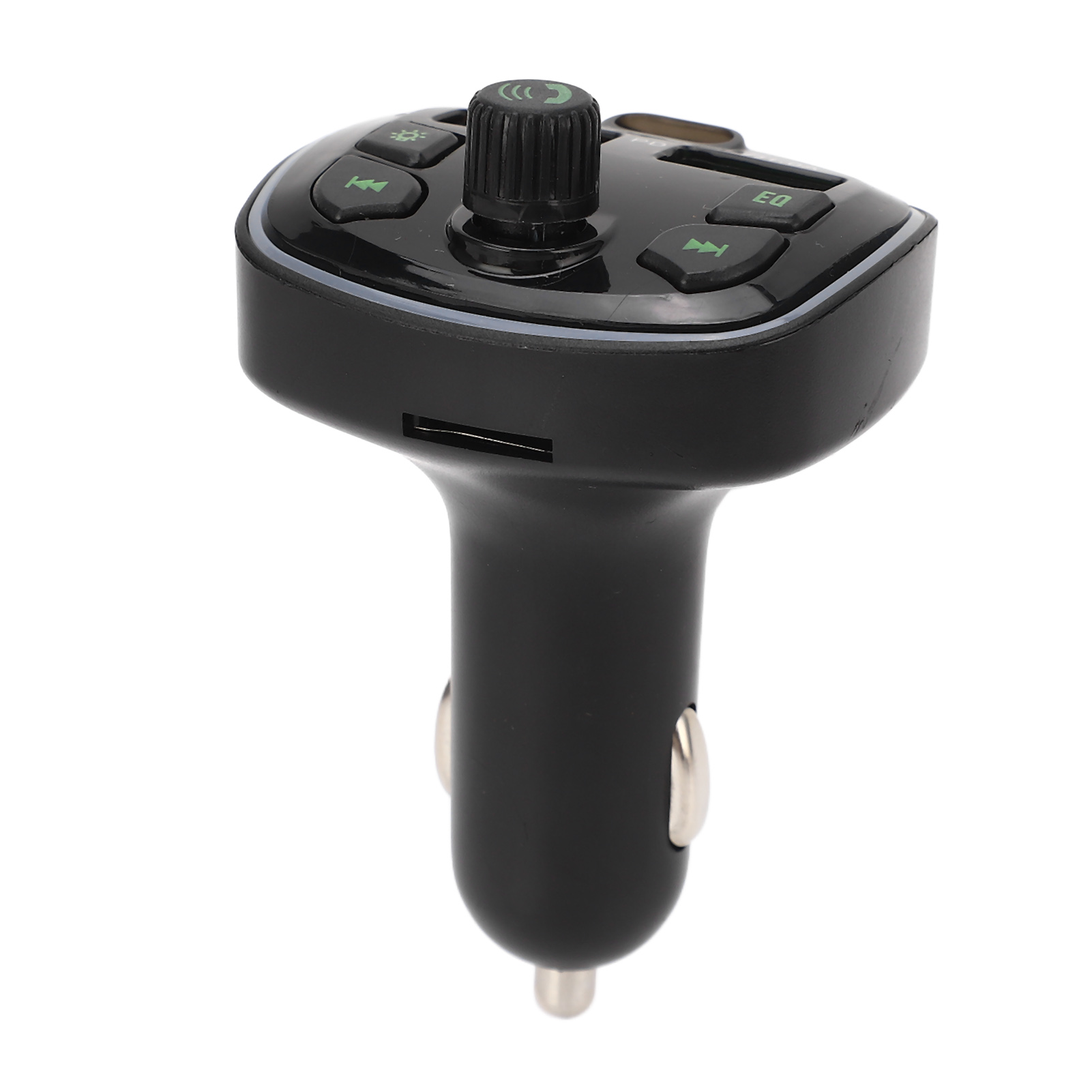 Schwarzer FM-Transmitter für Autos mit Knöpfen und einem Knopf. Er hat einen USB-Anschluss und passt in den Zigarettenanzünder.