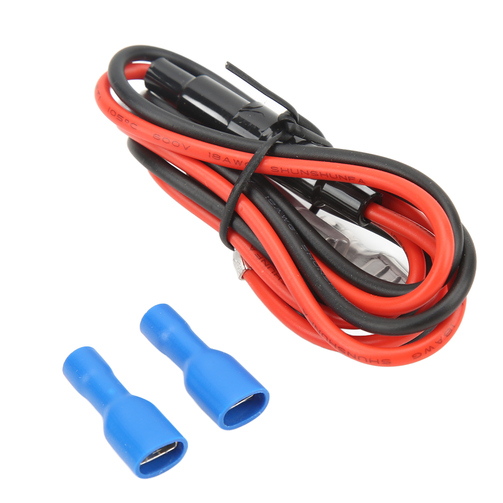 Rote und schwarze Verkabelung mit zwei blauen Steckern. Die Verkabelung ist gebündelt, Stecker unten.