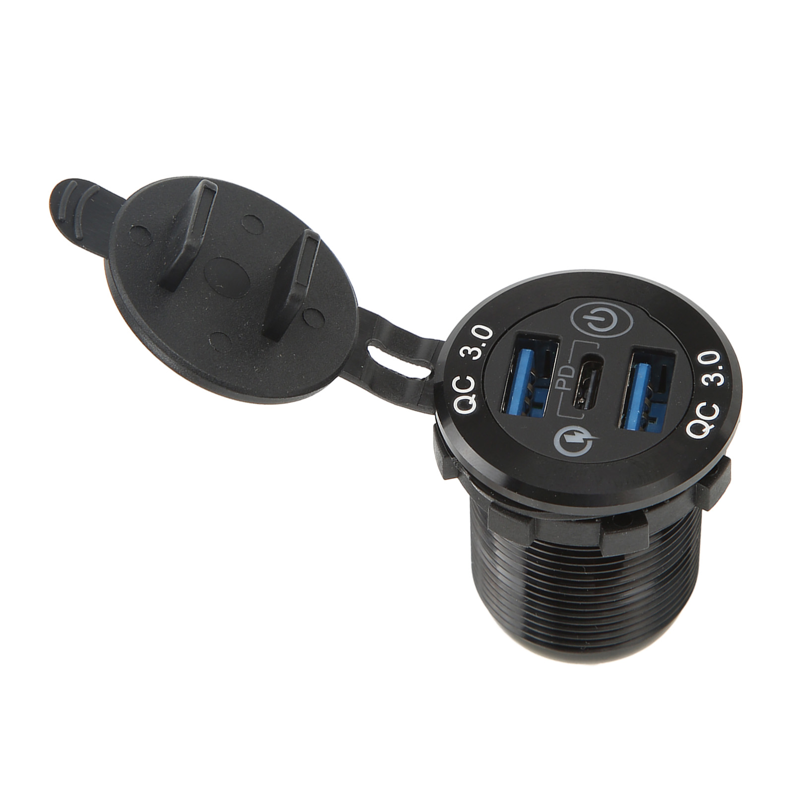 Schwarzes Autoladegerät mit QC 3.0 Anschlüssen, mit geöffneter Schutzabdeckung.