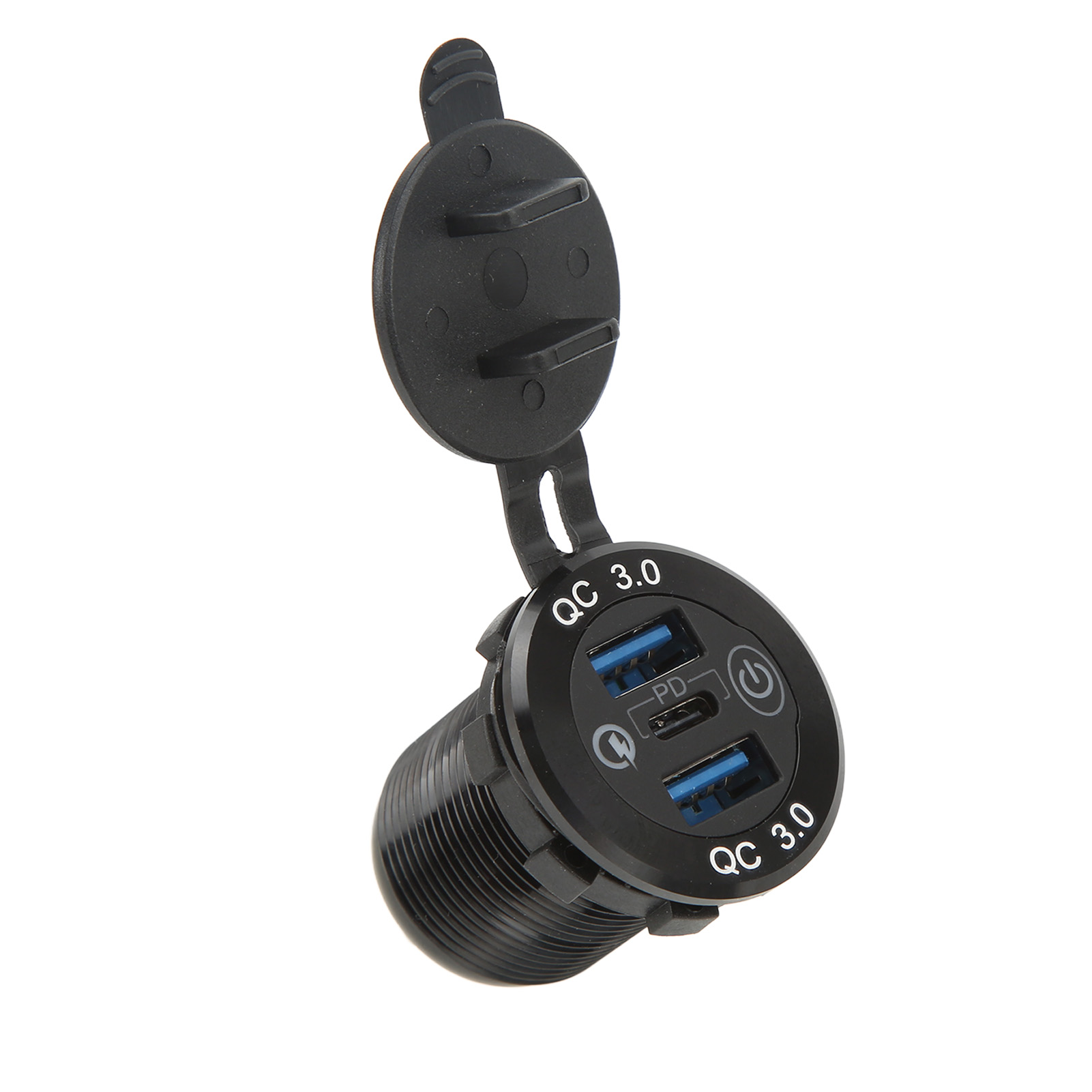 Schwarzes Autoladegerät mit QC 3.0 Anschlüssen, mit geöffneter Schutzabdeckung.