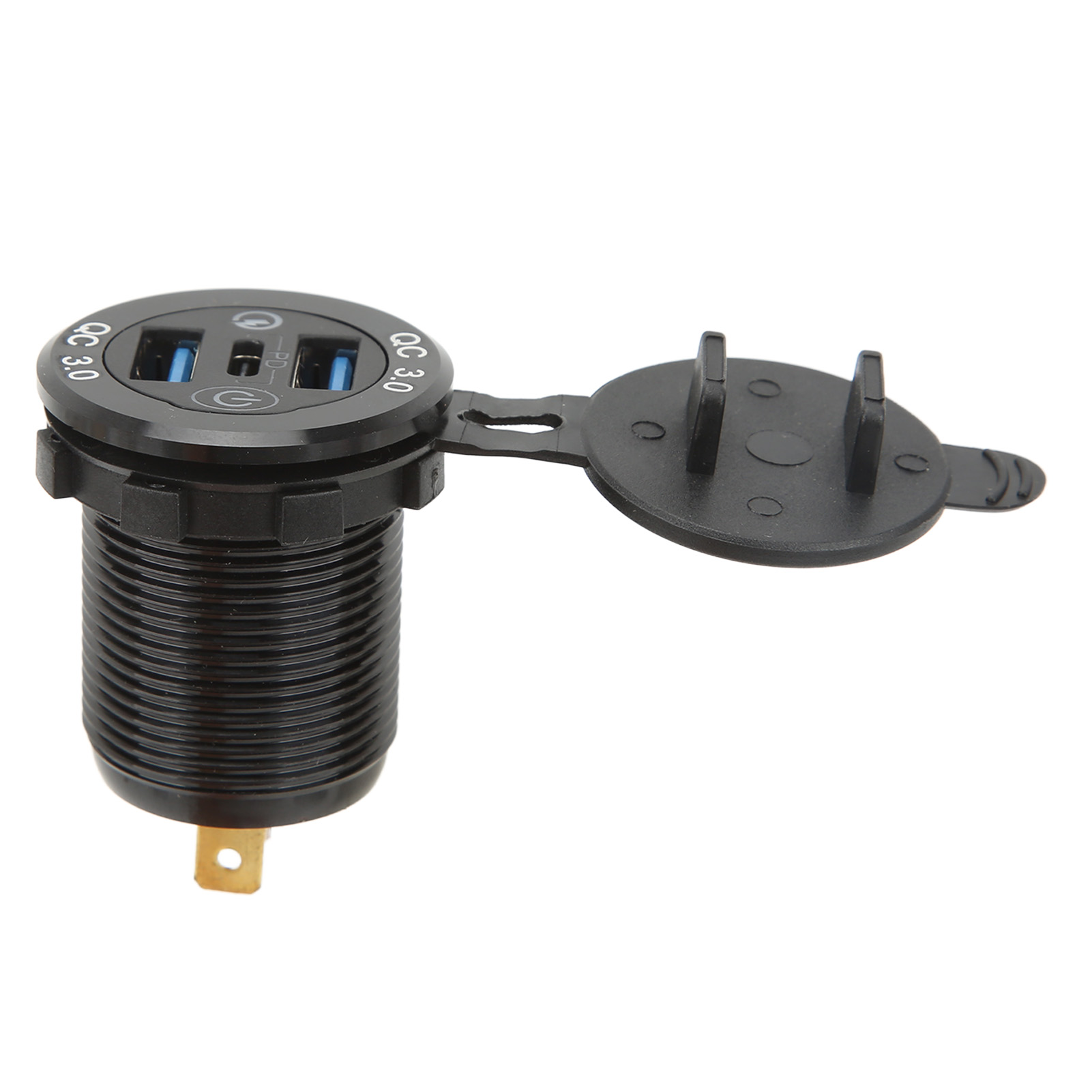 Eine schwarze USB-Ladebuchse mit drei Anschlüssen und einer Abdeckung. Es befindet sich auf einer weißen Oberfläche. Oben steht QC 3.0.