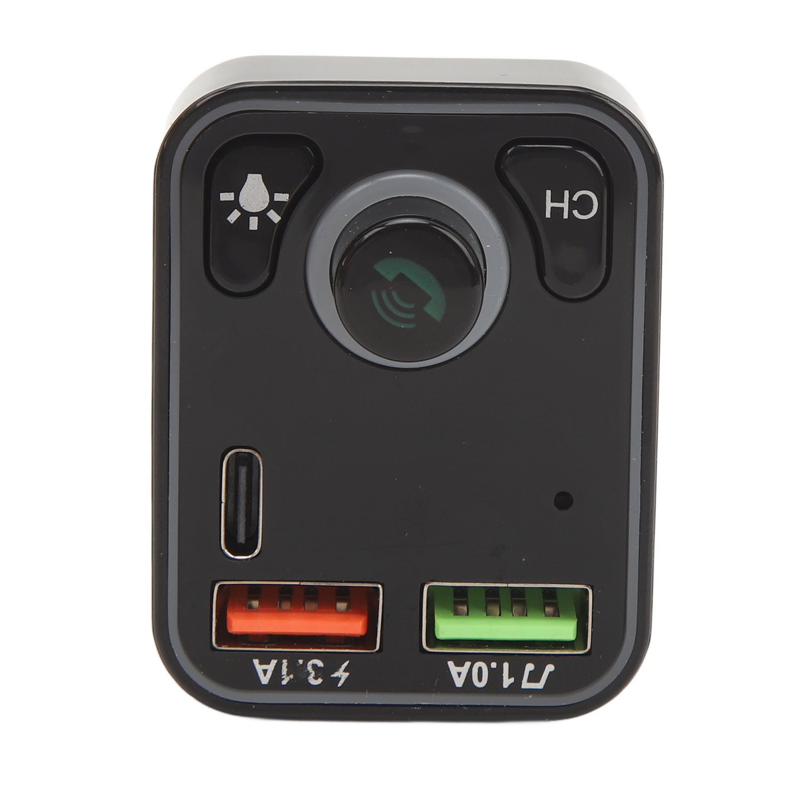 Ein schwarzer Auto-Adapter mit USB-Anschlüssen, Knöpfen und einem Mikrofon, der 1.0A- und 3.1A-Ausgänge anzeigt.