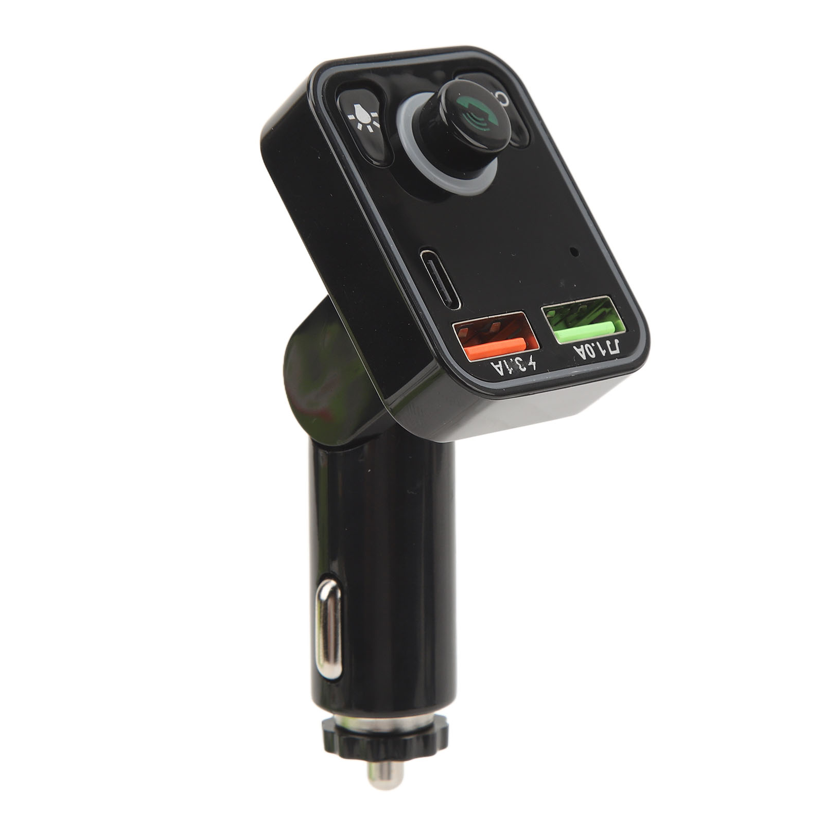 Schwarzes Autoladegerät mit zwei USB-Anschlüssen. Das Ladegerät ist abgewinkelt.