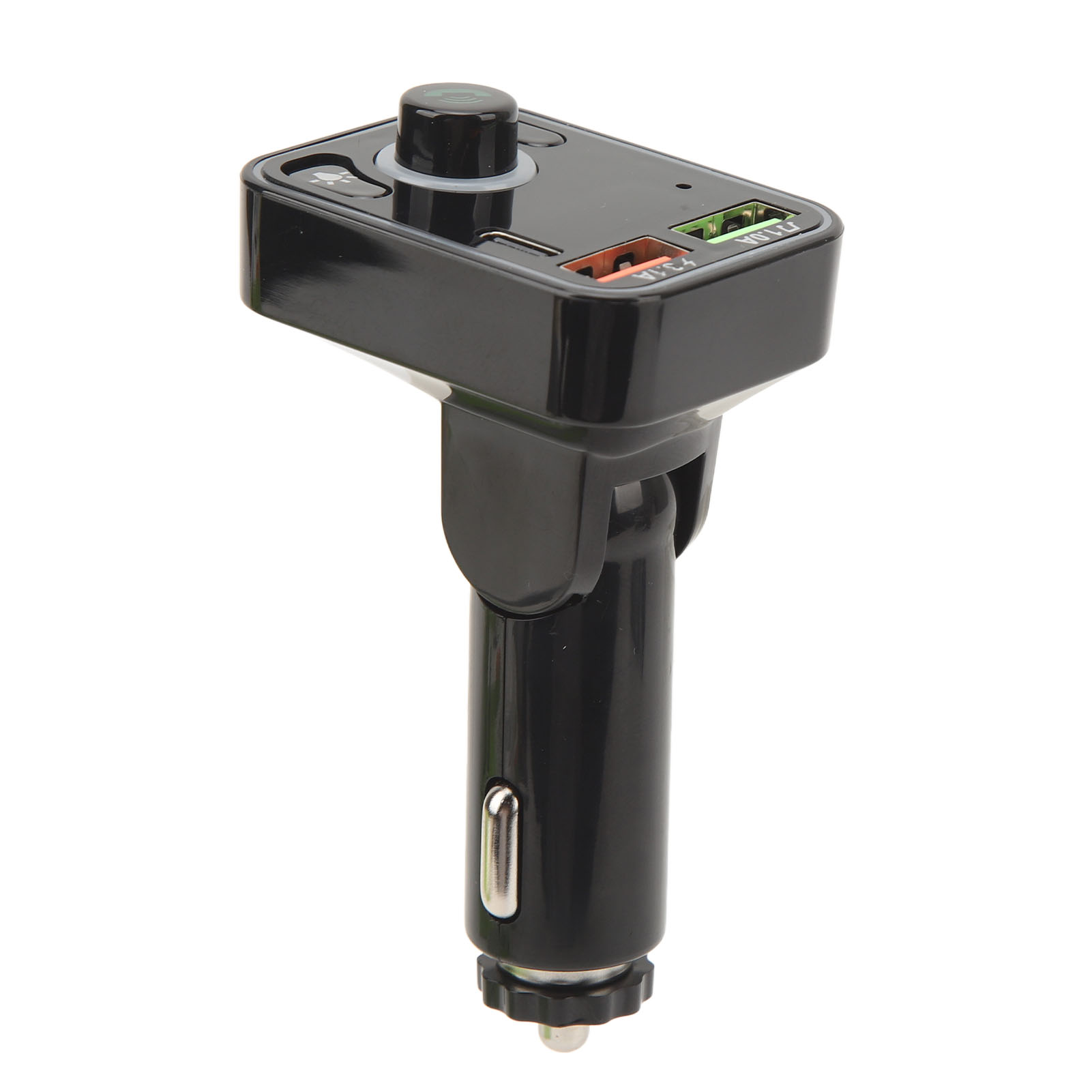 Schwarzes Autoladegerät mit USB-Anschlüssen. Hat einen Drehregler und einen Knopf. Zwei USB-Anschlüsse sind sichtbar.