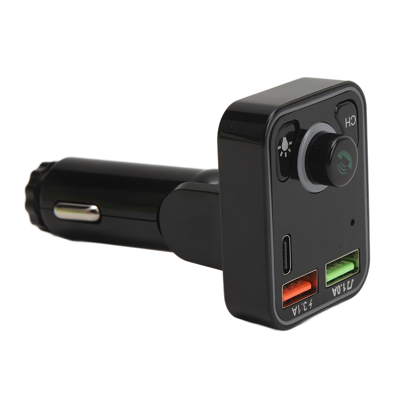 Schwarzes Autoladegerät. Es hat zwei USB-Anschlüsse, einen Drehregler und eine Lichtanzeige. Das Layout ist rechteckig.