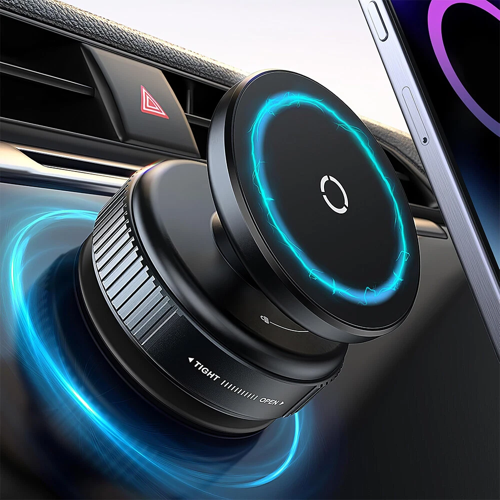 Schwarzer Autotelefonhalter mit kreisförmiger Magnetbasis und blauem Licht, montiert auf einem Armaturenbrett.