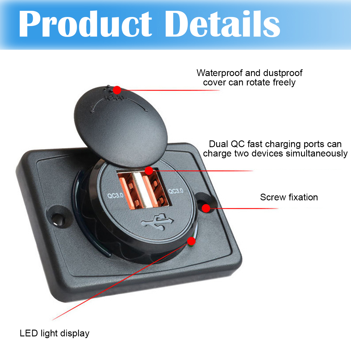 Nahaufnahme eines schwarzen USB-Ladegeräts mit geöffnetem Deckel. Text und Etiketten zum Produkt sind vorhanden.