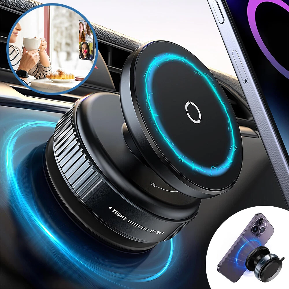 Schwarzer Telefonhalter, mit einem Telefon befestigt, befindet sich in einem Auto. Der Halter hat blaue Lichter.