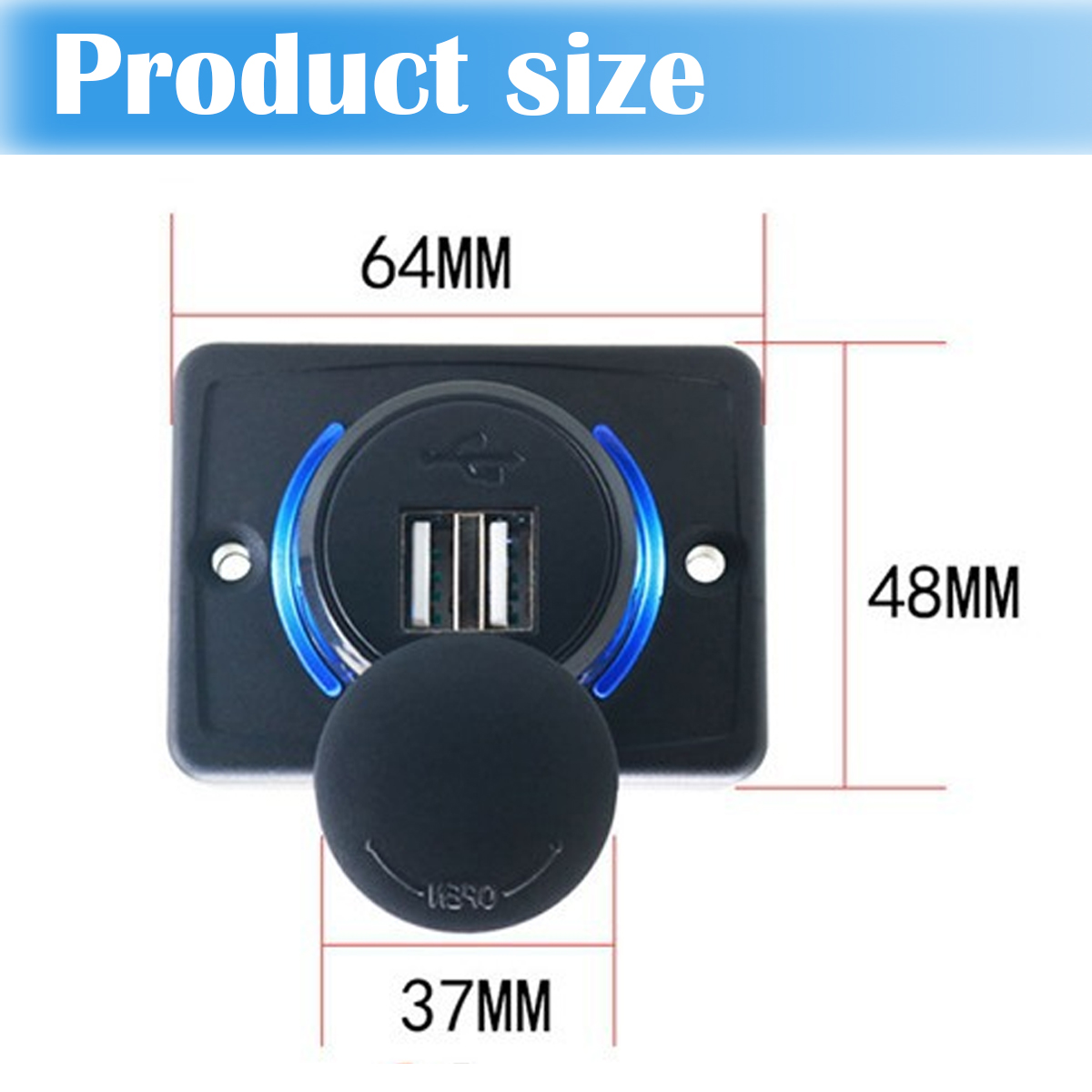 Schwarzes USB-Ladegerät mit beschrifteten Abmessungen. Es hat zwei USB-Anschlüsse und eine schwarze Abdeckung mit dem Wort OPEN.