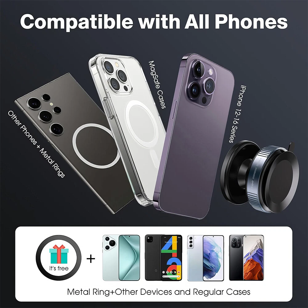 Das Bild zeigt Handys und Hüllen. Text sagt: 'Kompatibel mit allen Handys'. Beinhaltet MagSafe-Hüllen, Metallringe und iPhone 12-16 Serie.