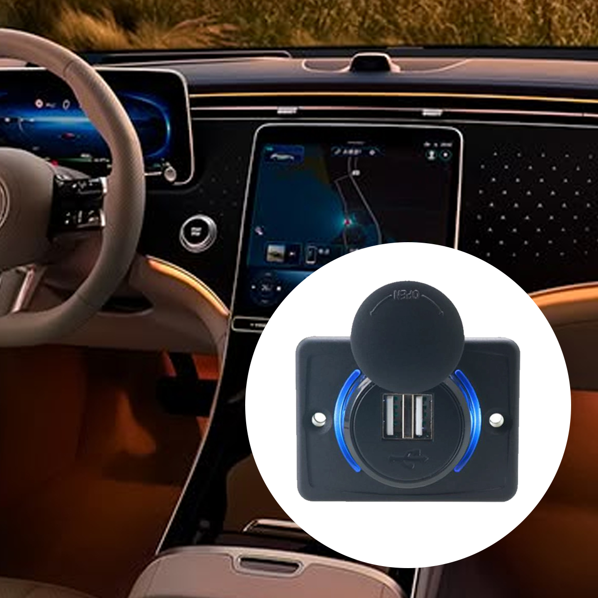 Ein schwarzes USB-Ladegerät in einem Auto. Blaues Licht ist sichtbar.