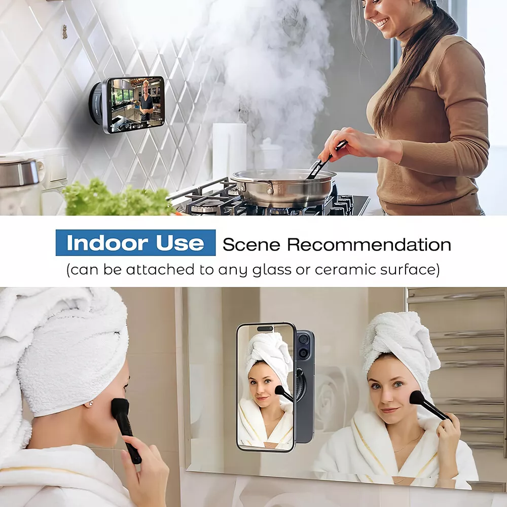 Eine Frau in einem Badezimmer schminkt sich mit einer Telefonhalterung am Spiegel. Küchenszene mit Kochen.