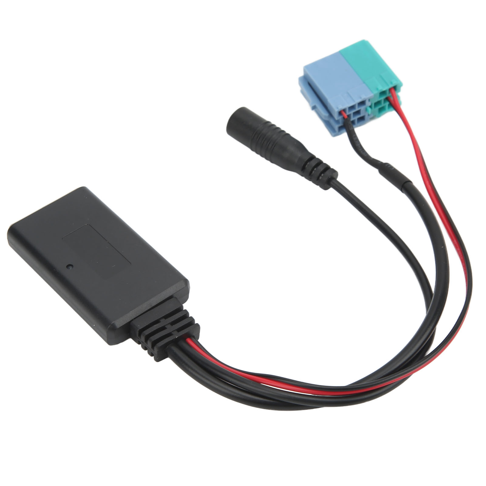 Ein schwarzer Bluetooth-Adapter mit Kabeln und Steckern. Kabel mit roten und schwarzen Drähten.