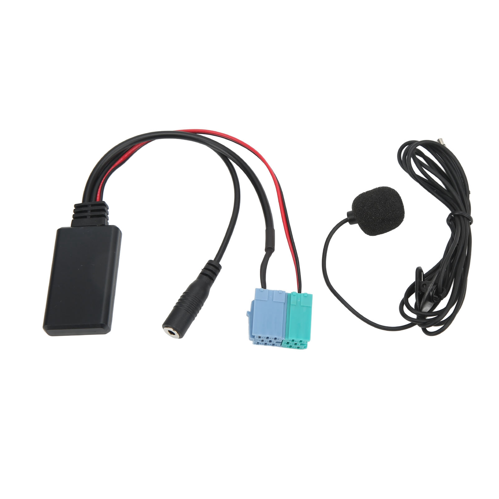 Bluetooth-Adapter mit Kabeln, Mikrofon und Steckern. Schwarze und rote Drähte.