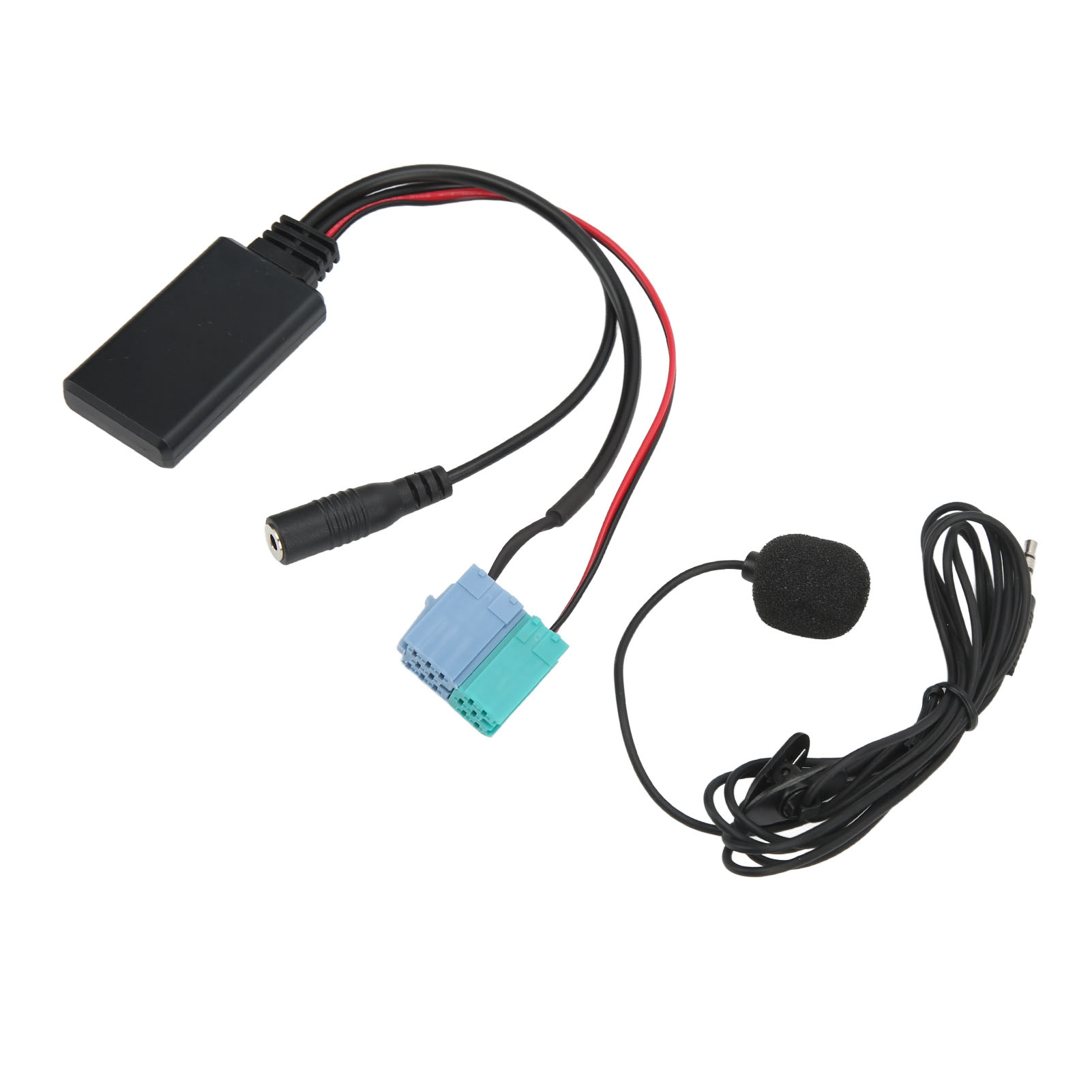 Schwarzer Bluetooth-Empfänger mit mehreren Kabeln, darunter AUX und Strom. Ebenfalls vorhanden ist ein Mikrofon.