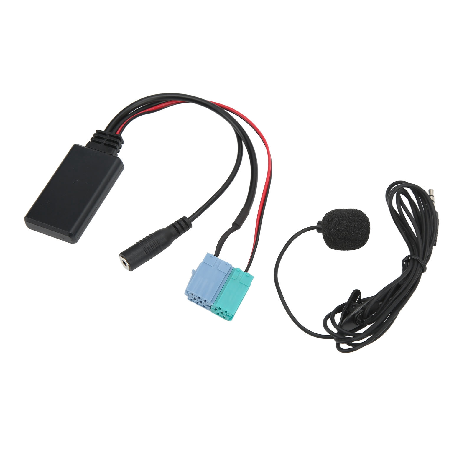 Bluetooth-Empfänger mit Kabeln und Mikrofon. Das Gerät hat ein schwarzes rechteckiges Gehäuse und einen Stecker.