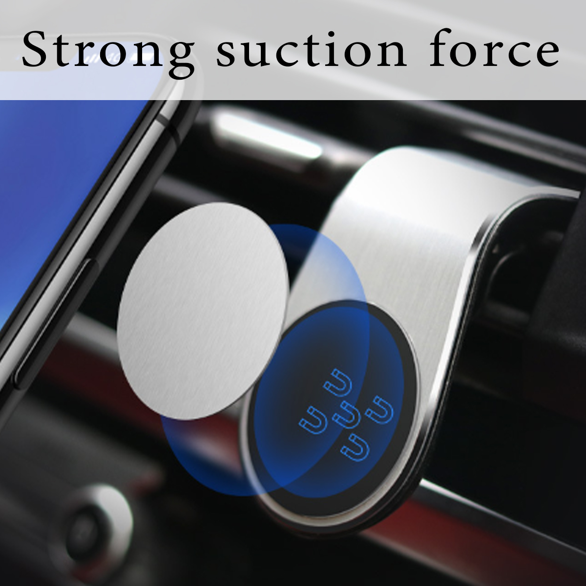 Ein Telefon und eine Autolüftung Telefonhalterung mit Magneten. Der Text lautet 'Strong suction force'.