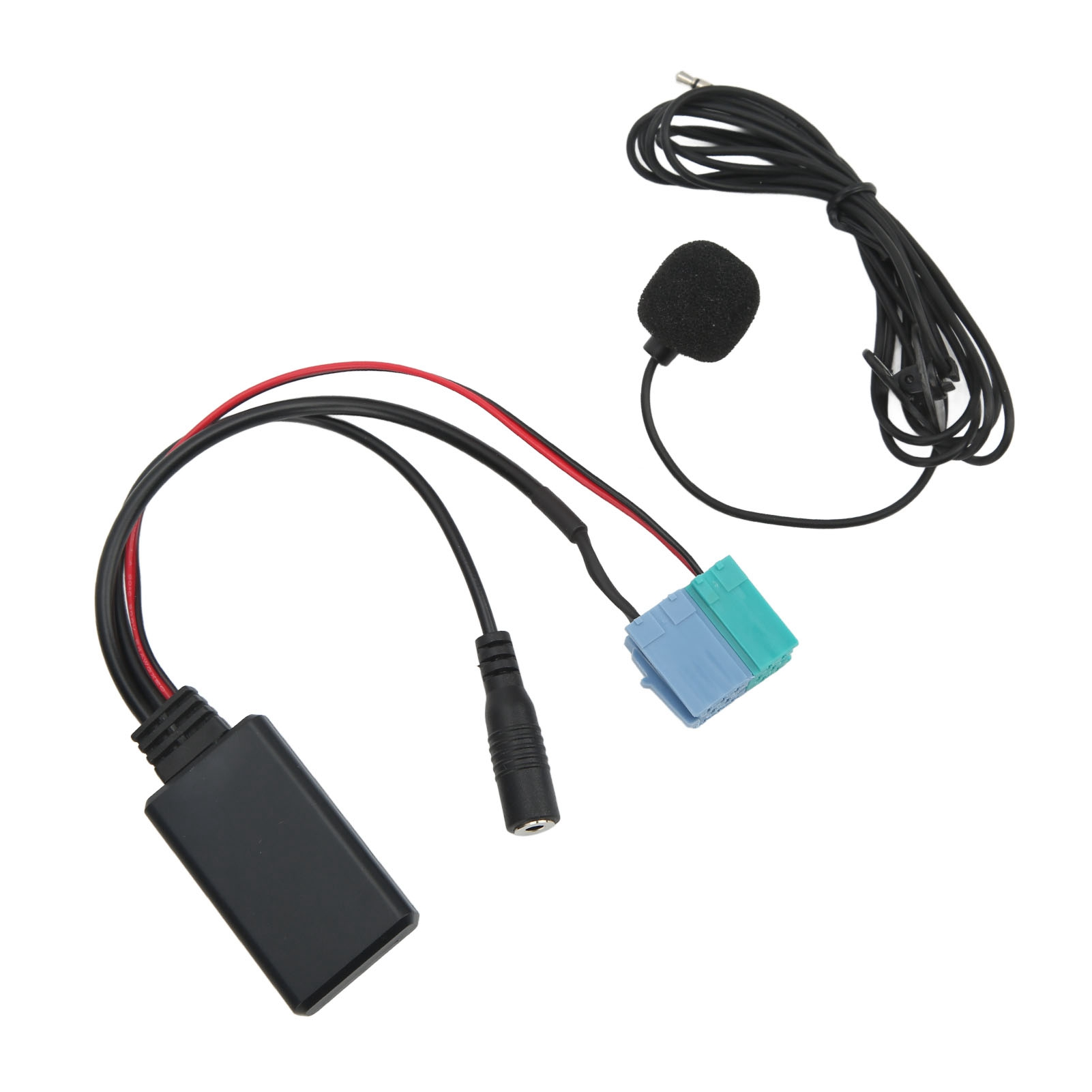 Bluetooth-Empfänger mit Kabeln und Mikrofon. Das Gerät hat ein schwarzes rechteckiges Gehäuse und einen Stecker.