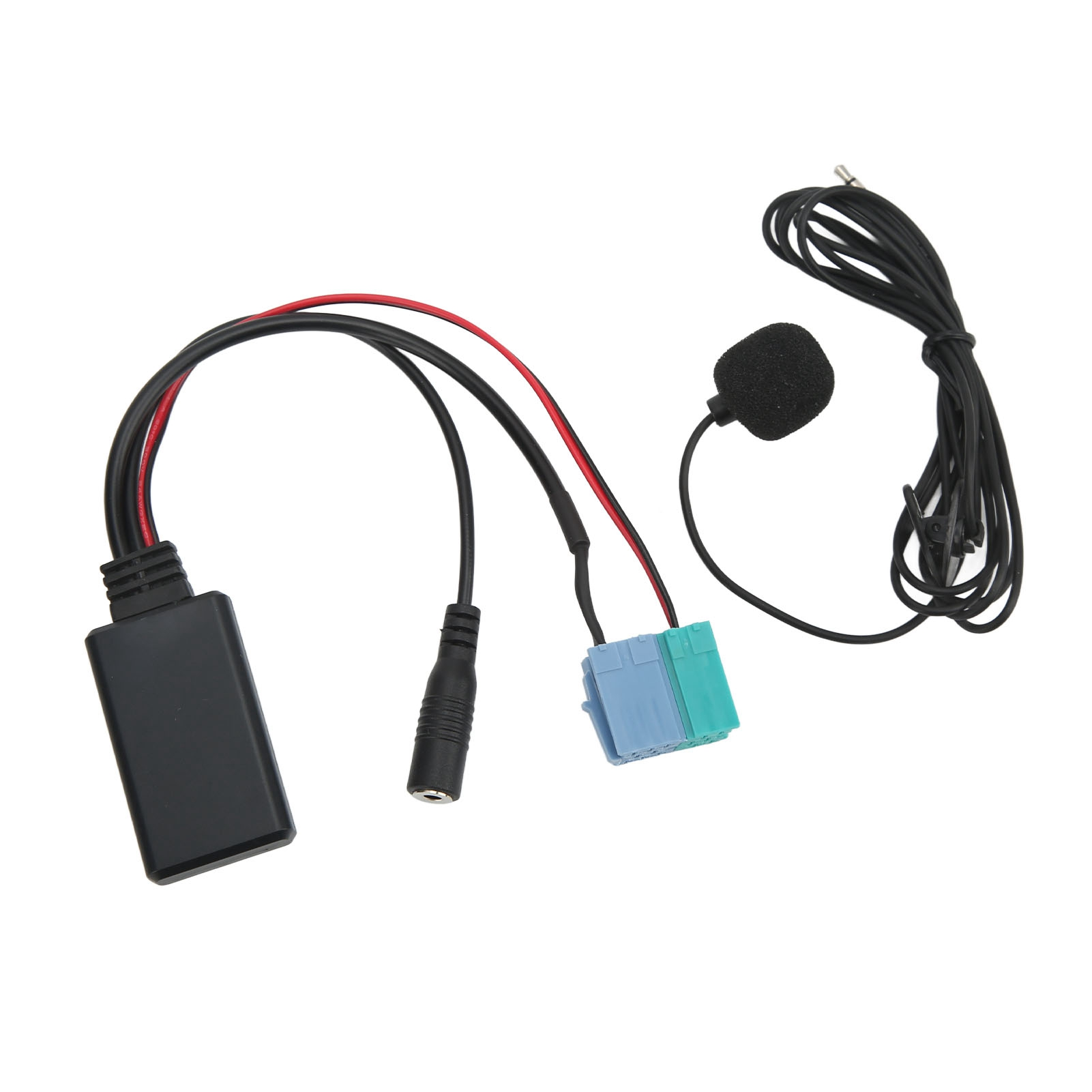 Bluetooth-Empfänger mit Kabeln und Mikrofon. Das Gerät hat ein schwarzes rechteckiges Gehäuse und einen Stecker.