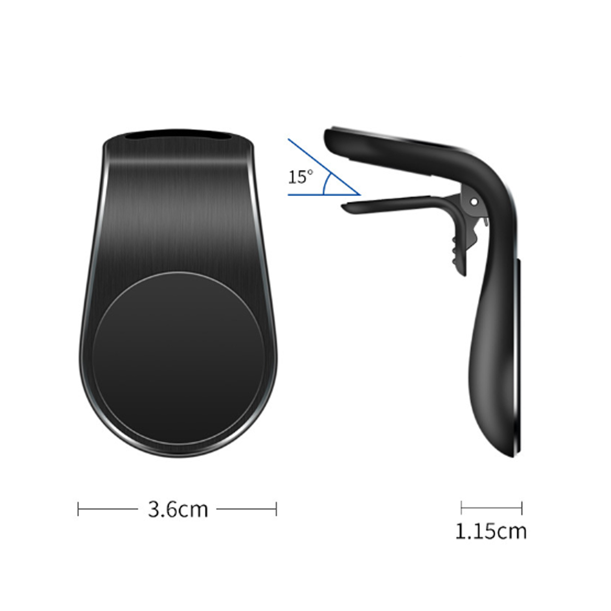 Schwarze Autotelefonhalterung, Seiten- und Vorderansicht. Abmessungen von 3,6 cm und 1,15 cm. Winkel von 15 Grad.