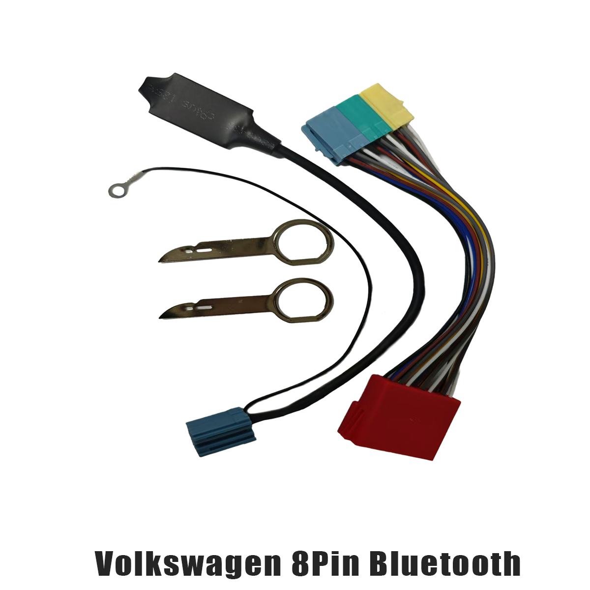 Auto-Audio-Verkabelung und -Anschlüsse. Zwei Schlüssel und mehrere Drähte. Rote, blaue und gelbe Stecker.