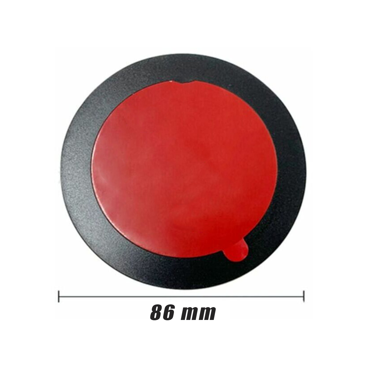 Schwarzer runder Aufkleber mit roter Mitte und einem Durchmesser von 86 mm.