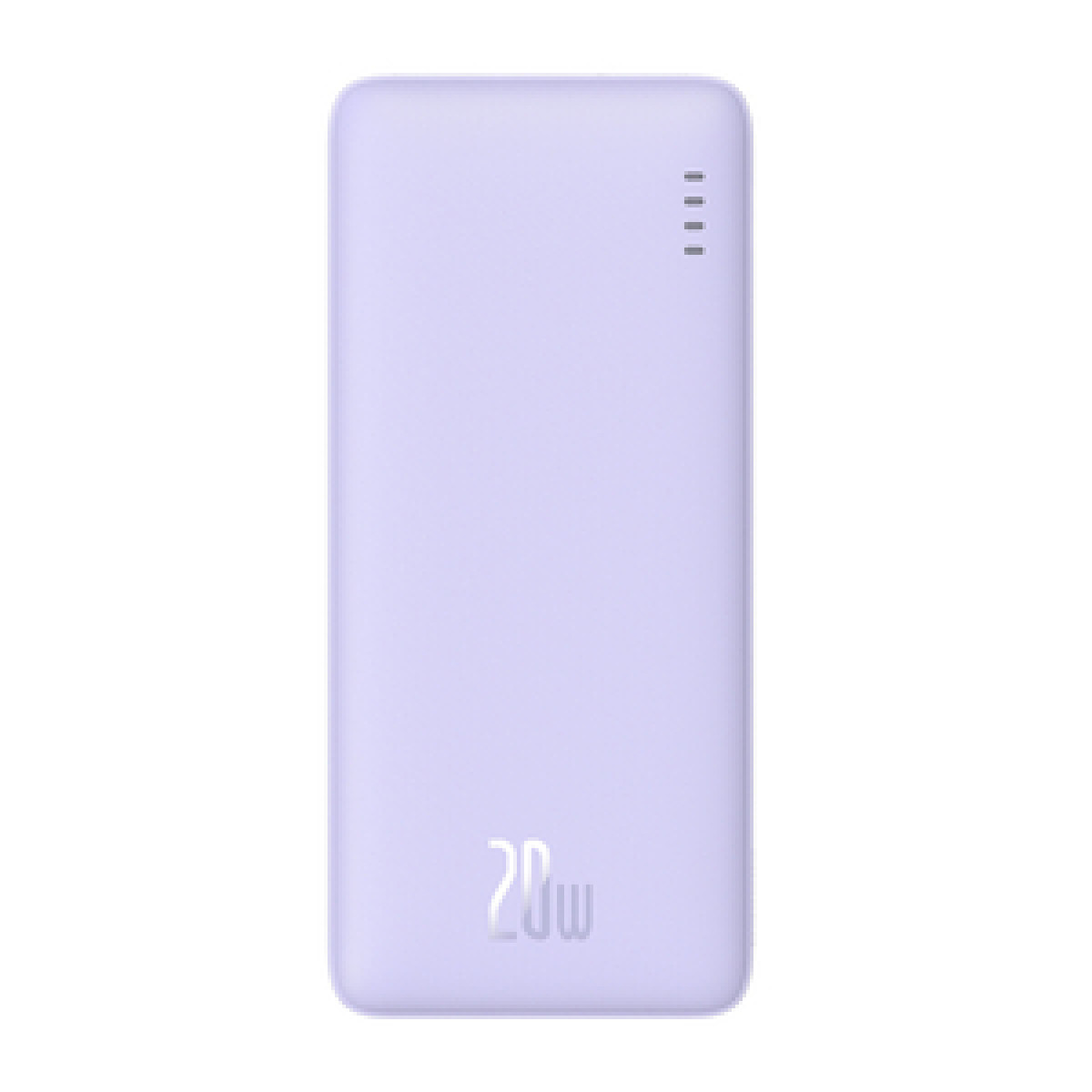 Jasnofioletowy power bank z napisem 20W, z czterema lampkami kontrolnymi.